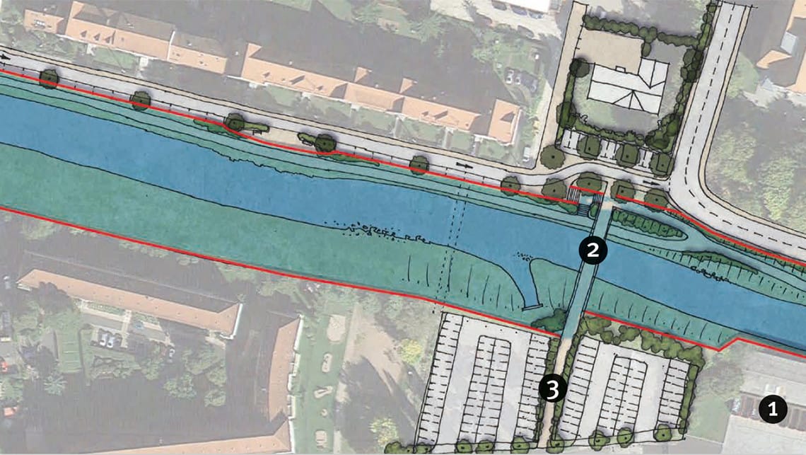 MKIII Tiefenbacher-Allee Höhe neue Wilhelm-Rinkens-Brücke Überflutungsfläche Planzustand